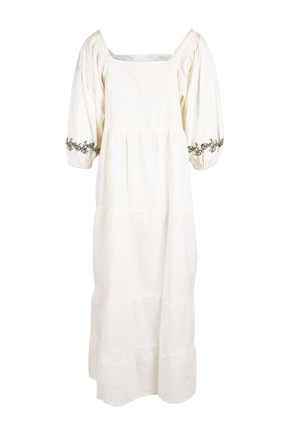 Product shot of the Picnic In The Fields Embroidered Dress in colour Milk (White), from the back