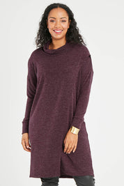 Model Noli wearing size 14 of the Cross My Heart Tunic in colour Wine (Purple), from the front, cropped image