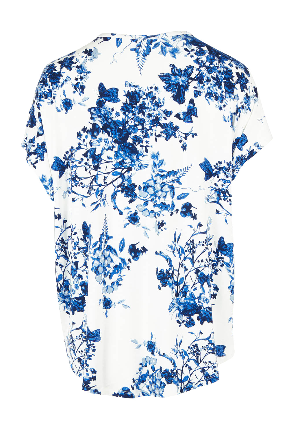 Product shot of the Falling Flowers Tee in colour Bluewhite (Blue), from the back