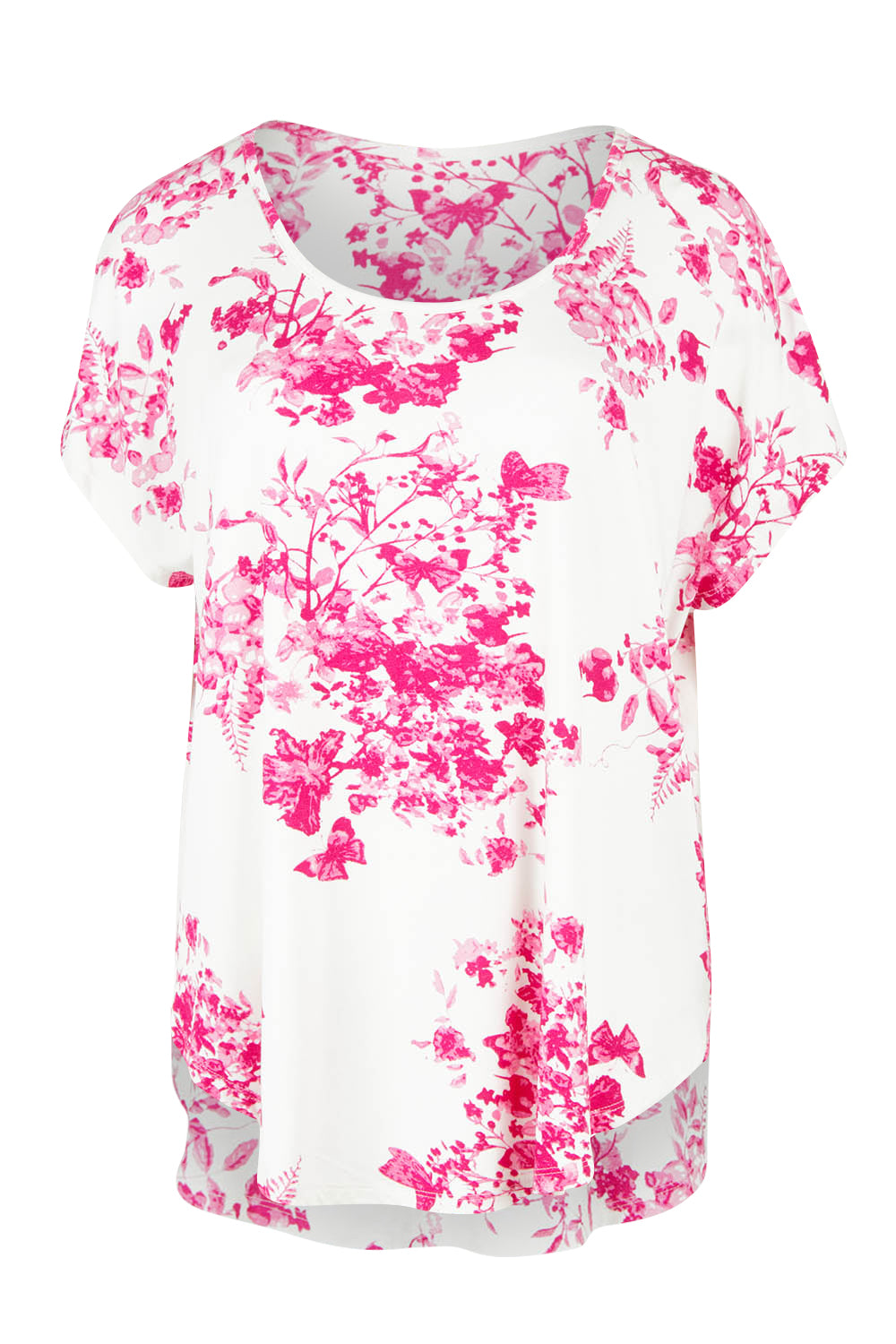 Product shot of the Falling Flowers Tee in colour Pinkwhite (Pink), from the front