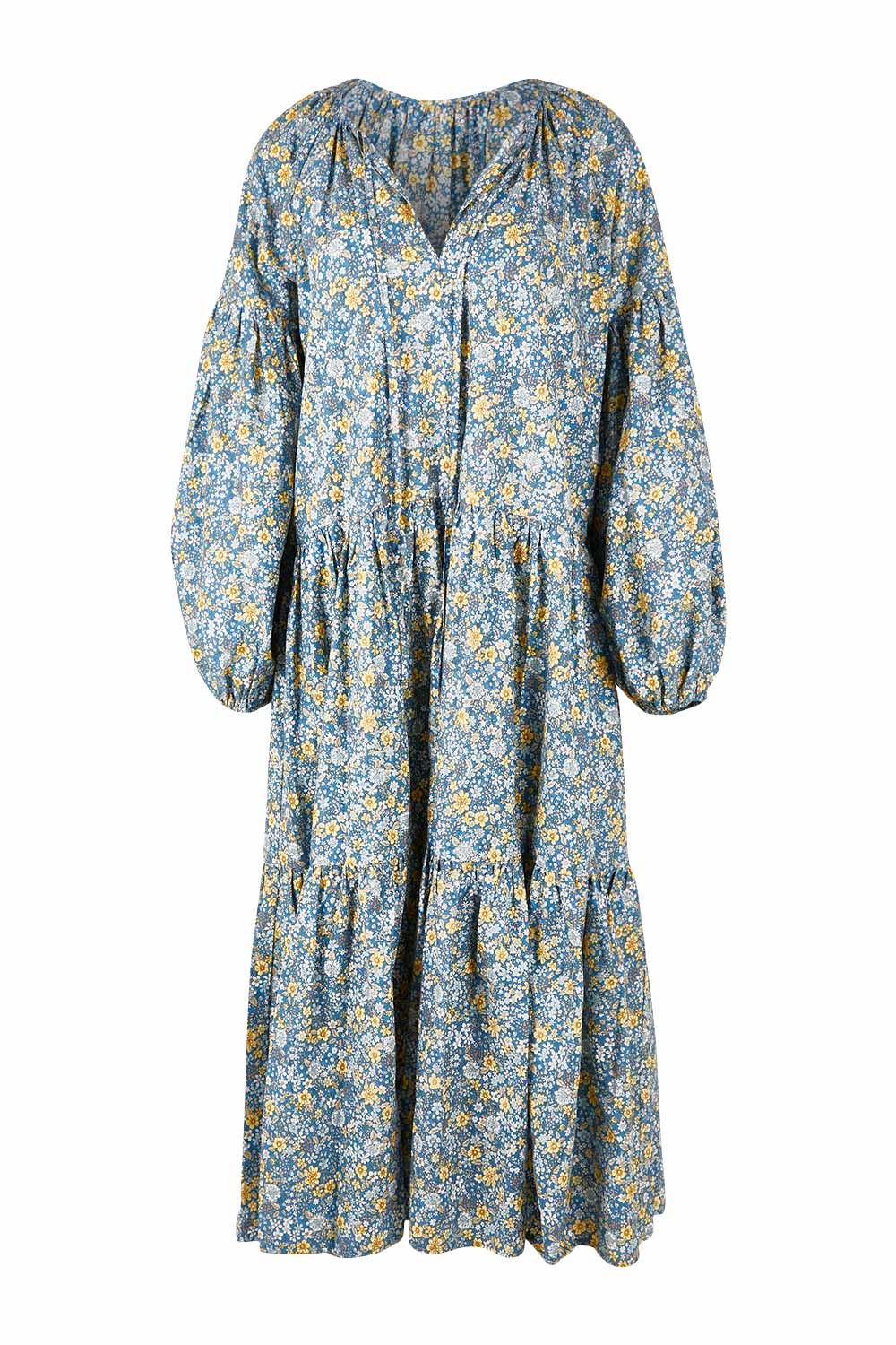 Product shot of the Light Of The Sun Cotton Dress in colour Bluefleur (Blue), from the front