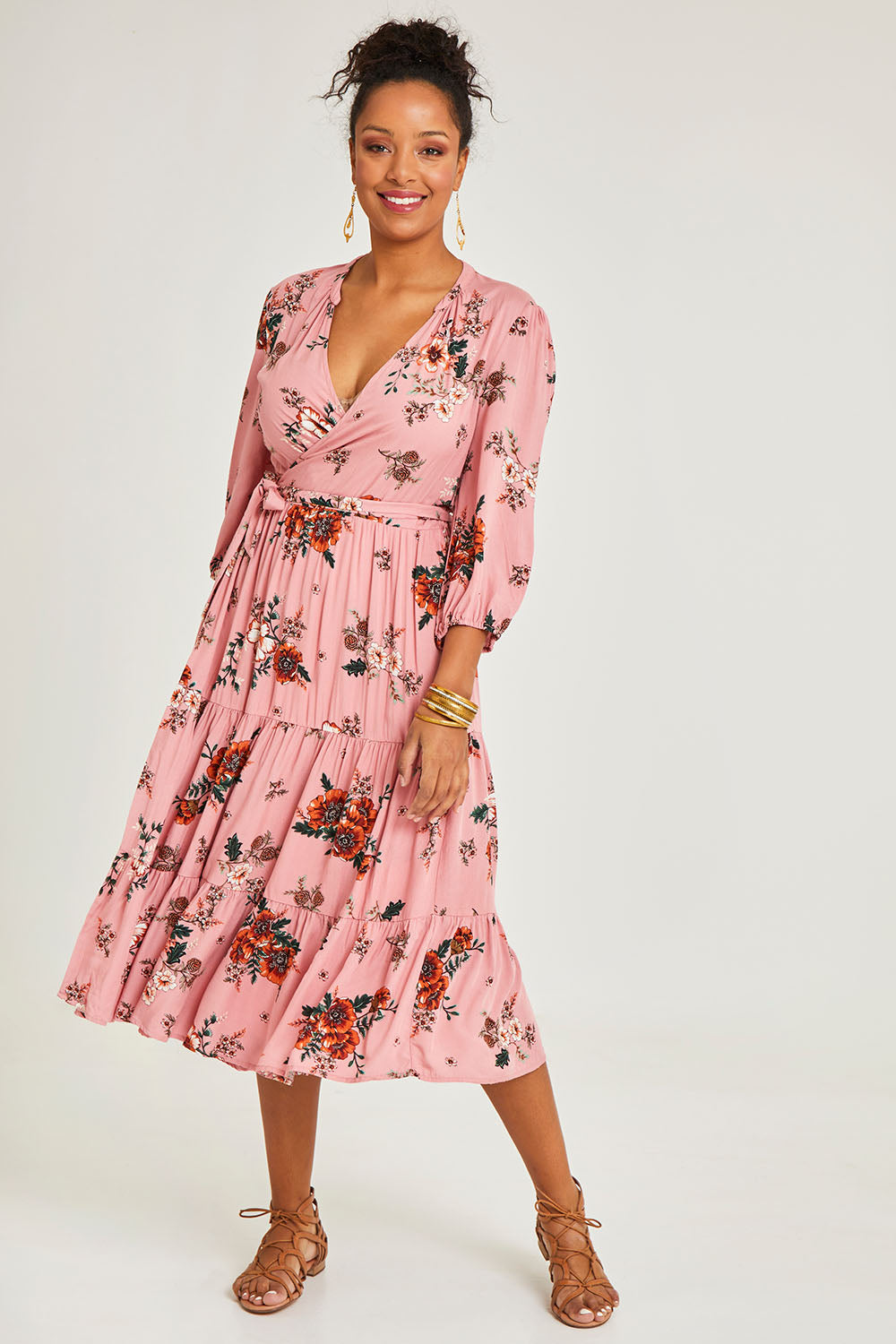 Model Noli wearing size 14 of the Pocket Full Of Dreams Wrap Dress in colour Hibiscus (Pink), from the front, showing the whole outfit