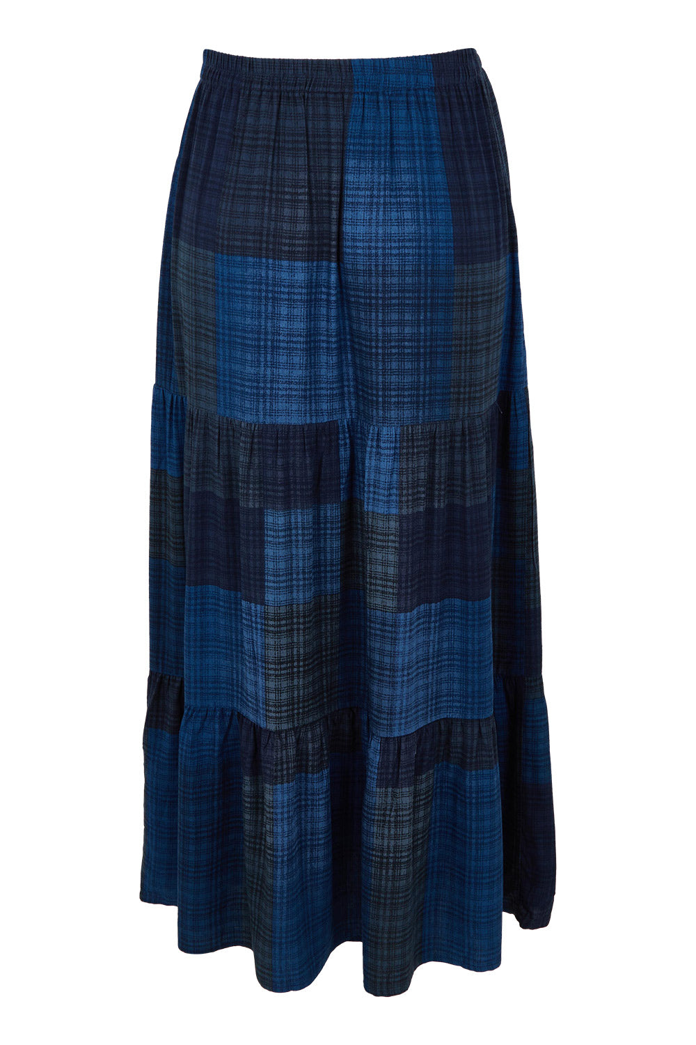 Product shot of the Chasing Sunsets Skirt in colour Bluecheck (Blue), from the back
