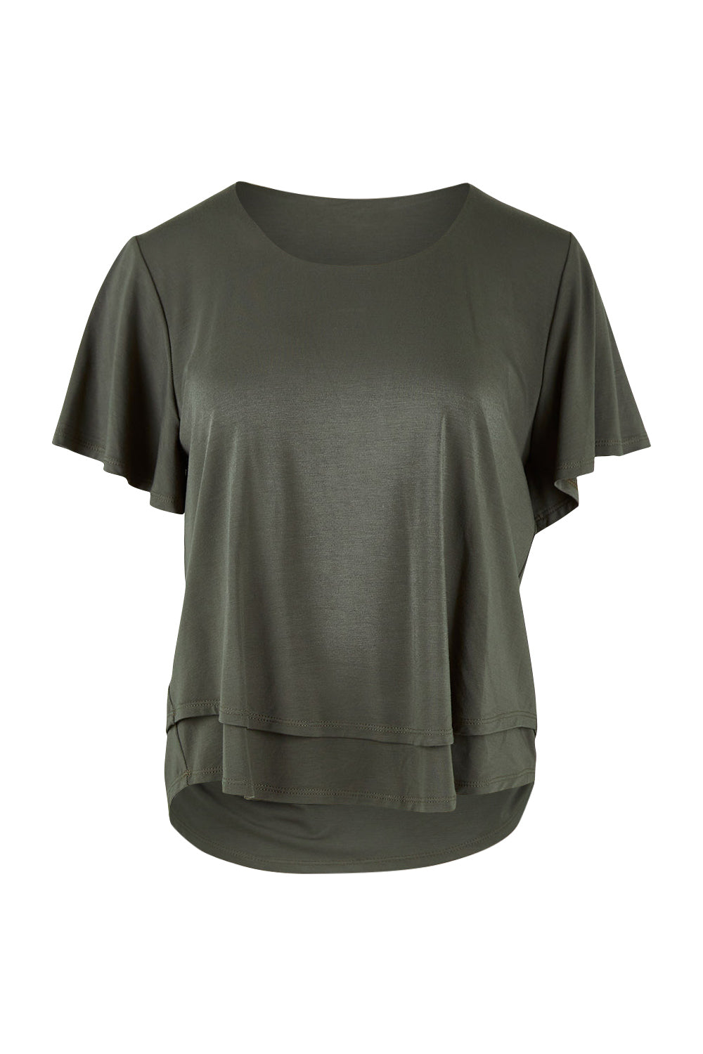 Product shot of the Short And Sweet Bamboo Layered Tee in colour Combat (Green), from the front