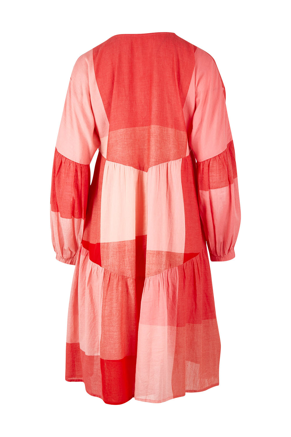 Product shot of the Twirl Worthy Cotton Tiered Dress in colour Redpink (Pink), from the back