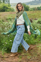 Model Tegan wearing size 10 of the Chasing After You Cargo Jeans in colour Denim (Blue), from the front, showing the whole outfit