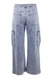 Product shot of the Chasing After You Cargo Jeans in colour Denim (Blue), from the back