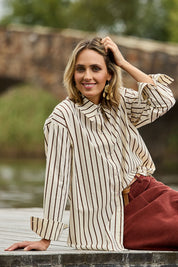 Model Tegan wearing size 10 of the Relaxed Elegance Boyfriend Shirt in colour Chocstripe, from the front, showing the whole outfit