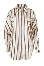 Product shot of the Relaxed Elegance Boyfriend Shirt in colour Chocstripe, from the front