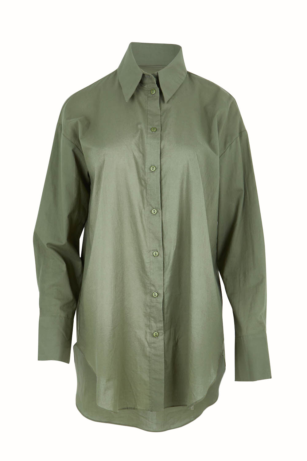 Product shot of the Relaxed Elegance Boyfriend Shirt in colour Khaki (Green), from the front