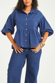 Model Noli wearing size 14 of the Daydreaming Billow Sleeve Shirt in colour Blue (Blue), from the front, cropped image