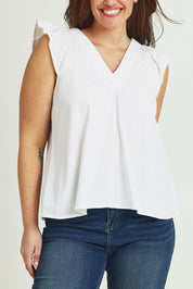 Model Jane wearing size 14 of the Frill Me Cotton Top in colour White (White), from the front, cropped image