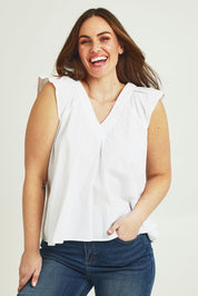 Model Jane wearing size 14 of the Frill Me Cotton Top in colour White (White), from the front, cropped image