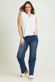 Model Jane wearing size 14 of the Frill Me Cotton Top in colour White (White), from the front, showing the whole outfit