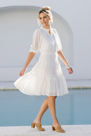 Model Tegan wearing size 10 of the Sweet As Sugar Dress in colour White (White), from the front, showing the whole outfit