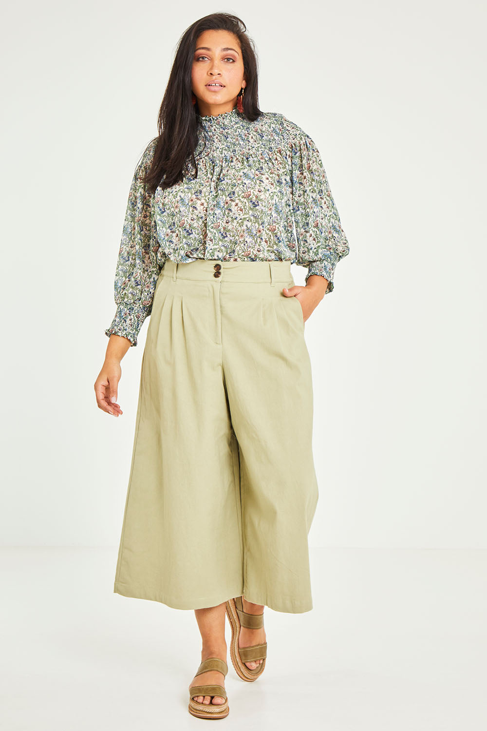 Model Terri-Leigh wearing size 14 of the Summer Breeze Boyfriend Pants in colour Khaki (Green), from the front, showing the whole outfit