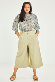 Model Terri-Leigh wearing size 14 of the Summer Breeze Boyfriend Pants in colour Khaki (Green), from the front, showing the whole outfit