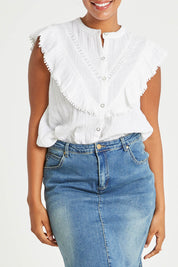 Model Noli wearing size 14 of the Summer Fun Cotton Blouse in colour White (White), from the front, cropped image