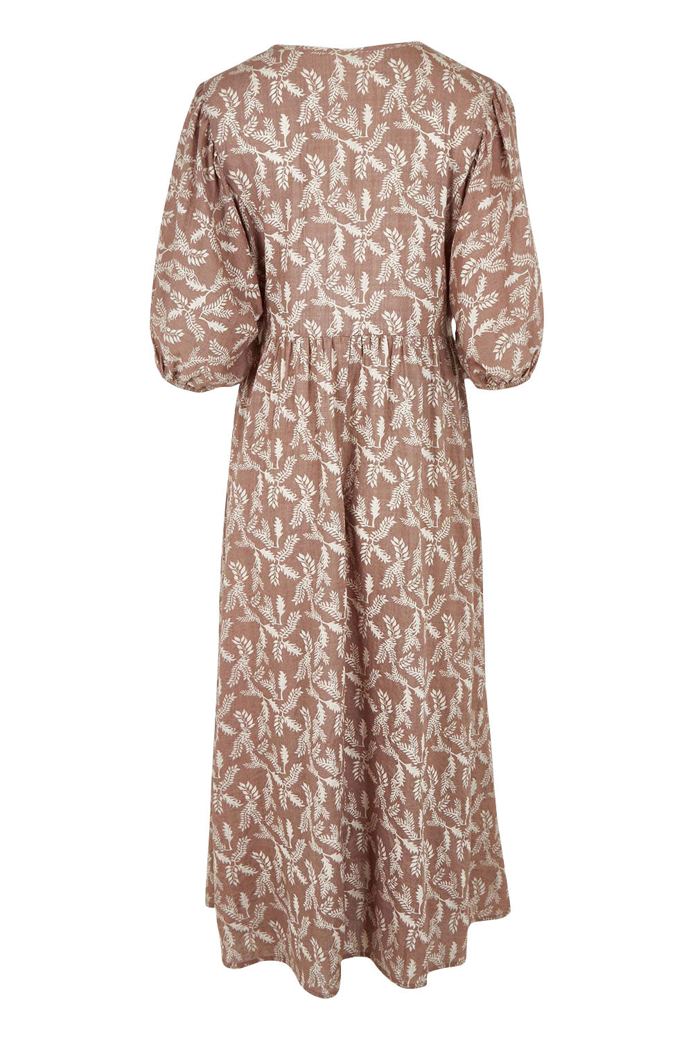 Product shot of the Summer Picnic Printed Cotton Smock Dress in colour Woodfleur, from the back