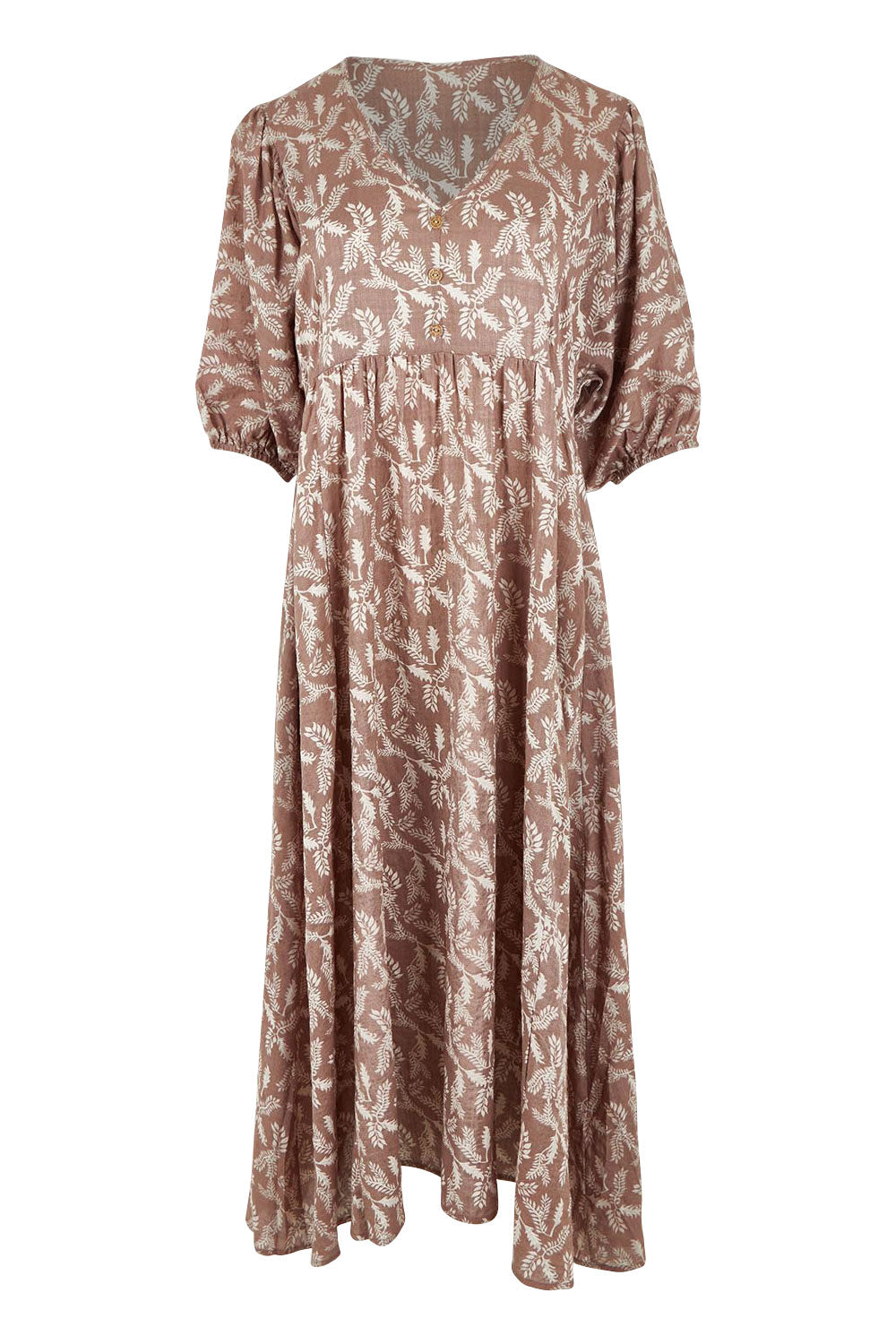 Product shot of the Summer Picnic Printed Cotton Smock Dress in colour Woodfleur, from the front