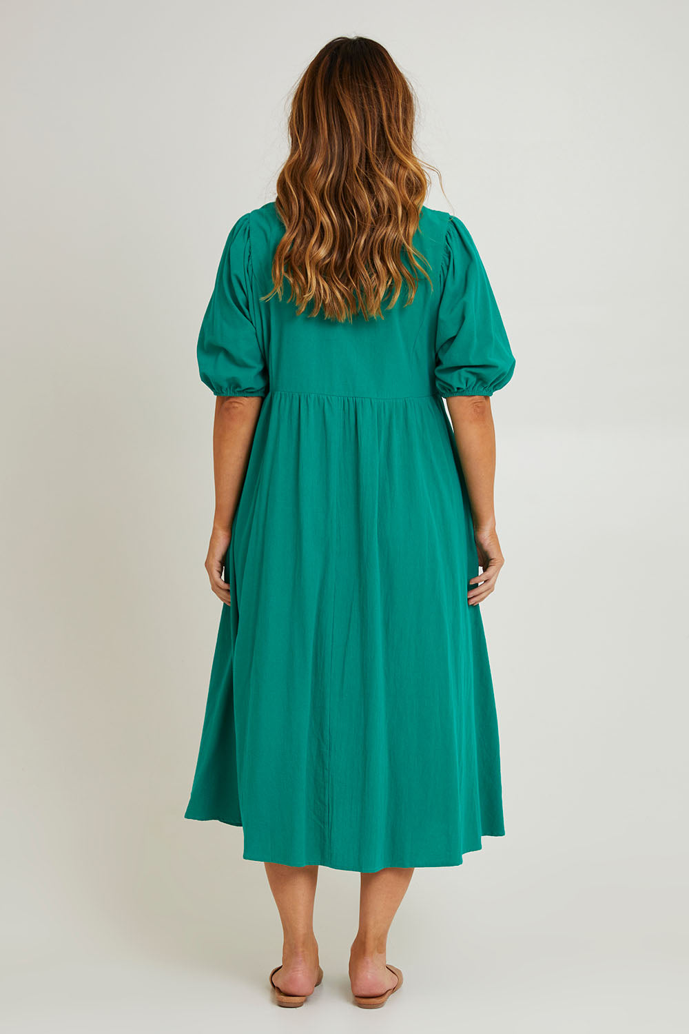 Model Laura wearing size 14 of the Summer Picnic Smock Dress in colour Springreen (Green), from the back
