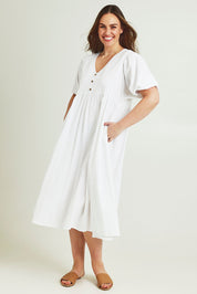 Model Jane wearing size 14 of the Summer Picnic Smock Dress in colour White (White), from the front, showing the whole outfit