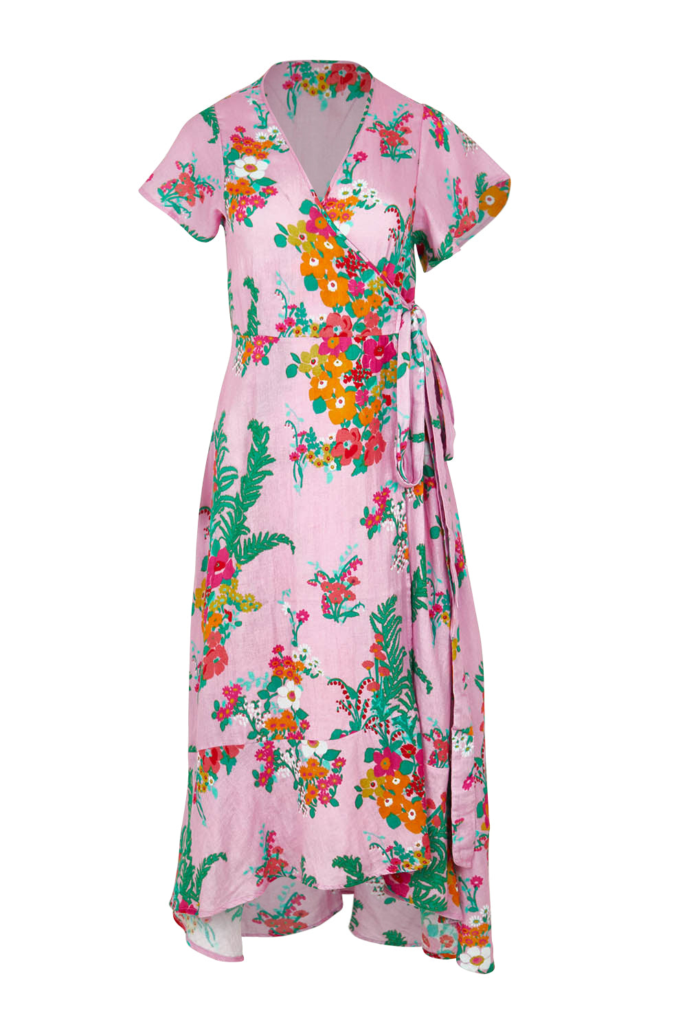 Product shot of the Thats A Wrap Printed Cotton Dress in colour Pinkgarden (Pink), from the front