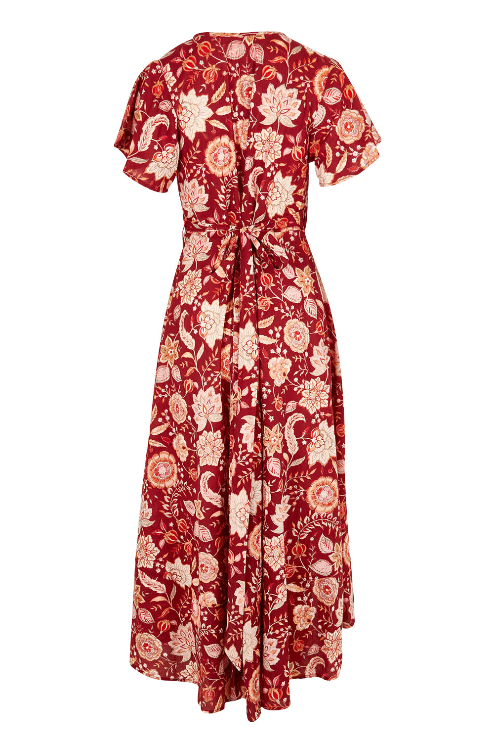Product shot of the Thats A Wrap Printed Cotton Dress in colour Clayfleur, from the back