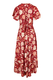 Product shot of the Thats A Wrap Printed Cotton Dress in colour Clayfleur, from the back