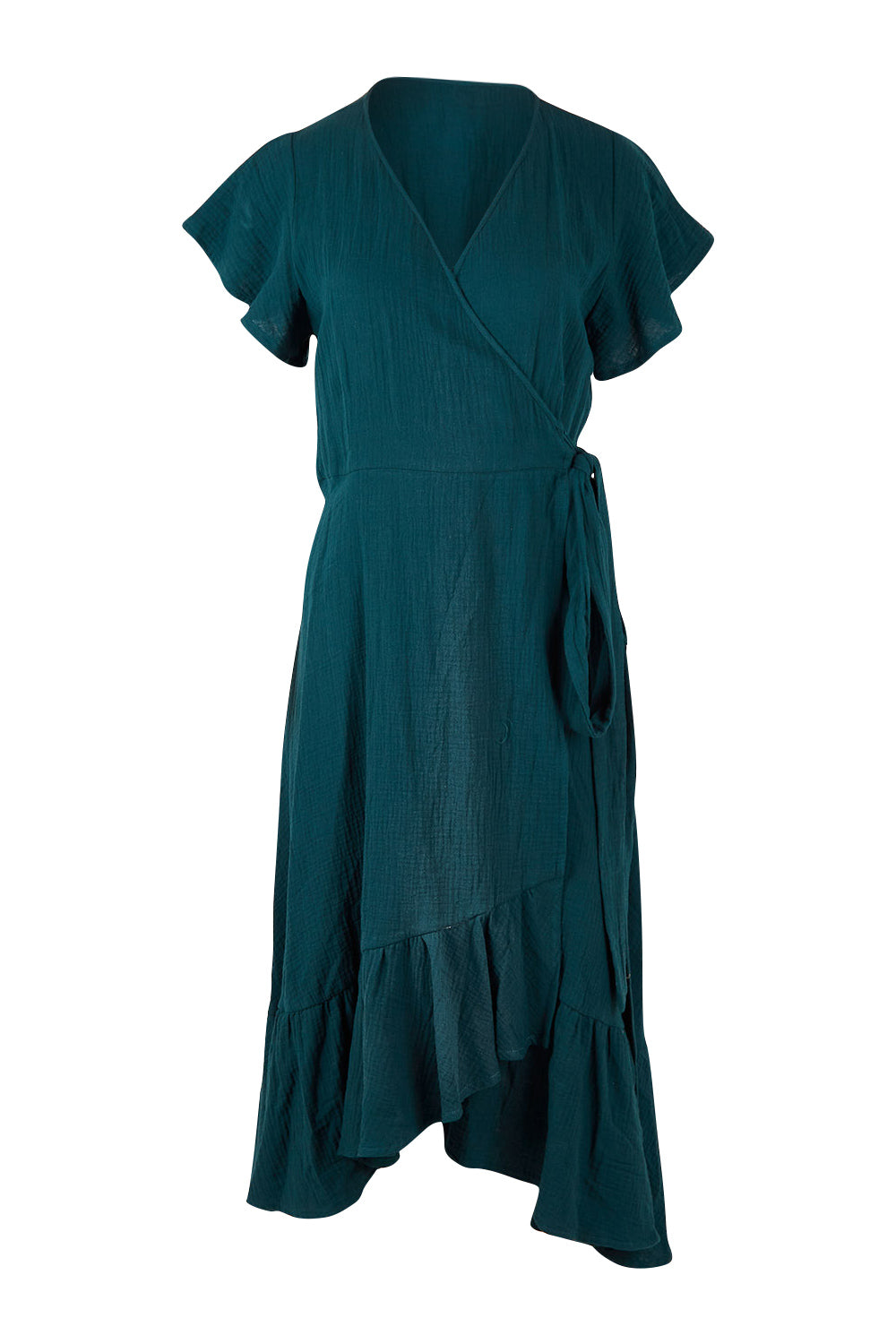 Product shot of the Thats A Wrap Organic Cotton Dress in colour Lagoon (Blue), from the front