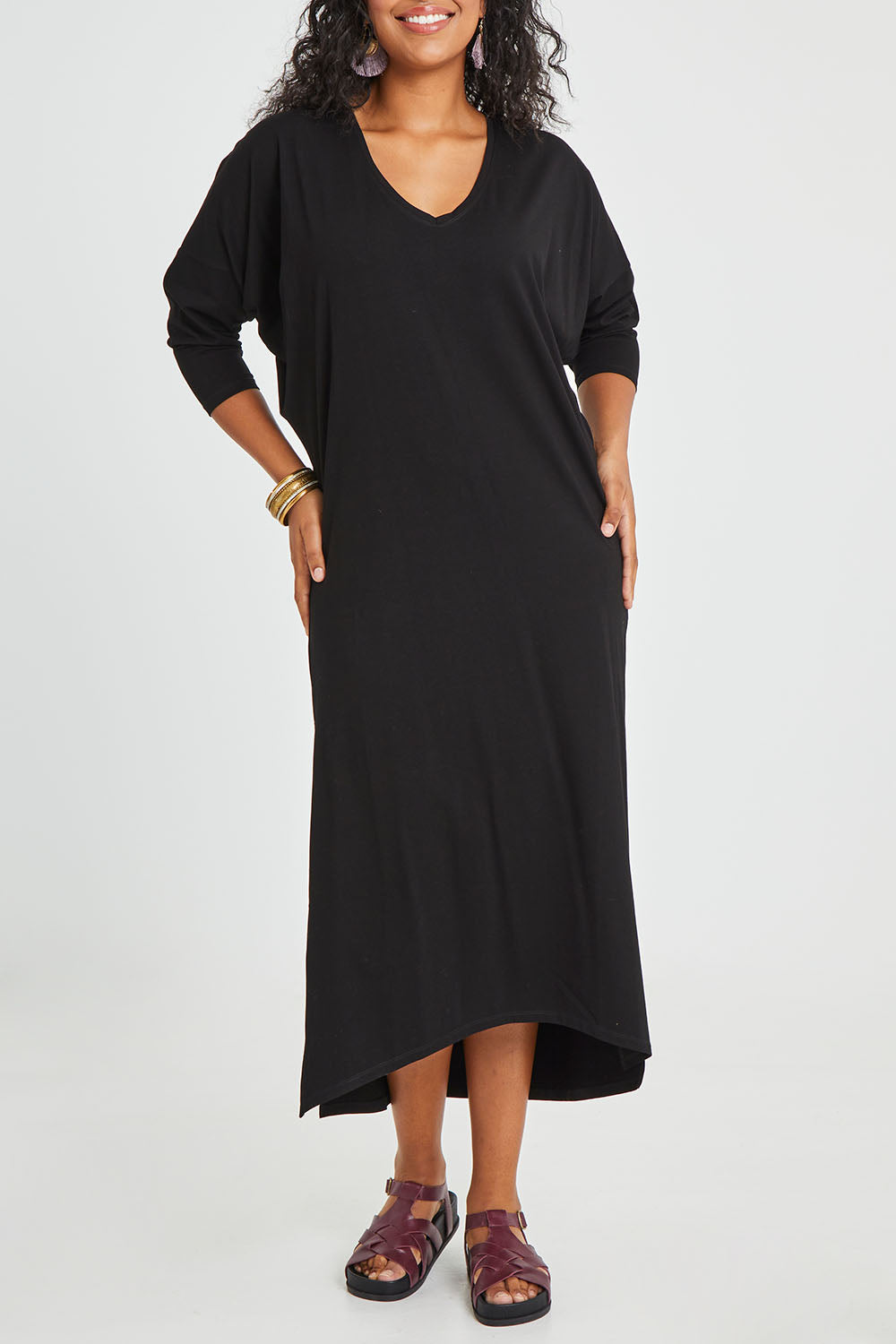 Model Noli wearing size 14 of the Elegantly Lounging Mercerised Cotton Maxi in colour Black (Black), from the front, cropped image