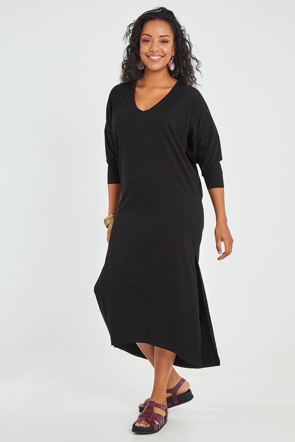 Model Noli wearing size 14 of the Elegantly Lounging Mercerised Cotton Maxi in colour Black (Black), from the front, showing the whole outfit