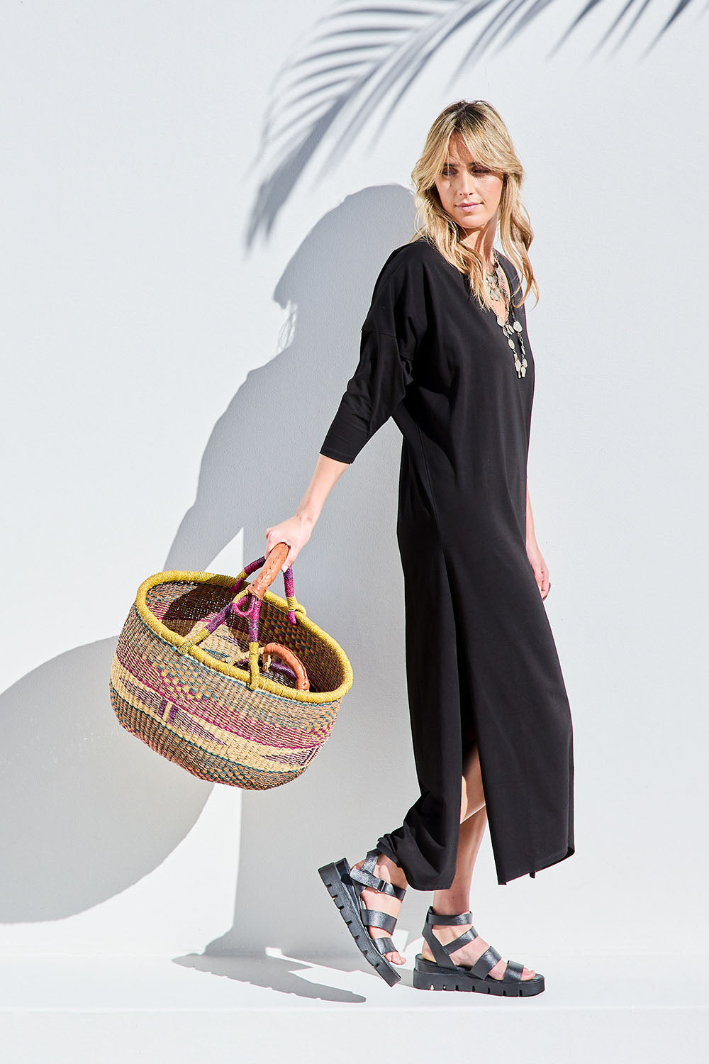 Model Tegan wearing size 10 of the Elegantly Lounging Mercerised Cotton Maxi in colour Black (Black), from the front, showing the whole outfit
