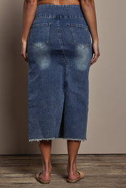 Model Tahnee wearing size 10 of the Easy As Pull On Denim Skirt in colour Darkdenim (Blue), from the back