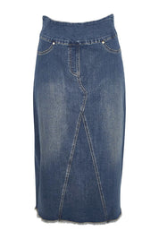 Product shot of the Easy As Pull On Denim Skirt in colour Darkdenim (Blue), from the front