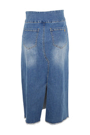 Product shot of the Easy As Pull On Denim Skirt in colour Denim (Blue), from the back
