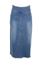 Product shot of the Easy As Pull On Denim Skirt in colour Denim (Blue), from the front