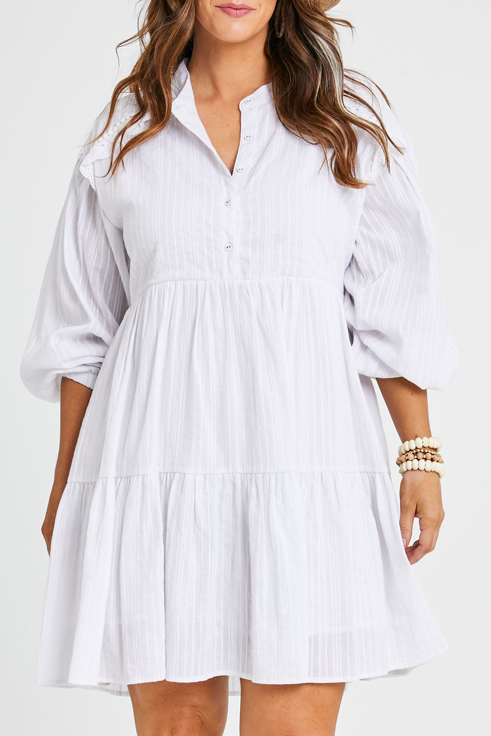 Model Laura wearing size 14 of the Market Day Cotton Dress in colour White (White), from the back