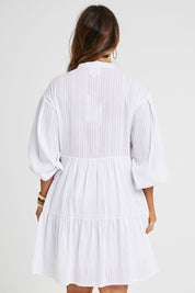 Model Laura wearing size 14 of the Market Day Cotton Dress in colour White (White), from the back