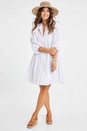 Model Laura wearing size 14 of the Market Day Cotton Dress in colour White (White), from the front, showing the whole outfit