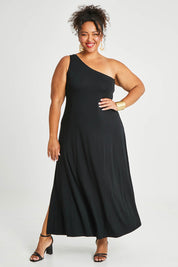 Model Alexis wearing size 16 of the Shoulder Shimmy Bamboo Maxi Dress in colour Black (Black), from the front, showing the whole outfit