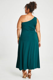 Model Alexis wearing size 16 of the Shoulder Shimmy Bamboo Maxi Dress in colour Pine (Green), from the back