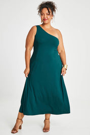 Model Alexis wearing size 16 of the Shoulder Shimmy Bamboo Maxi Dress in colour Pine (Green), from the front, showing the whole outfit
