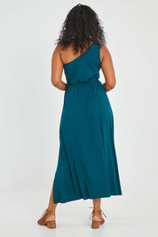 Model Noli wearing size 14 of the Shoulder Shimmy Bamboo Maxi Dress in colour Pine (Green), from the back