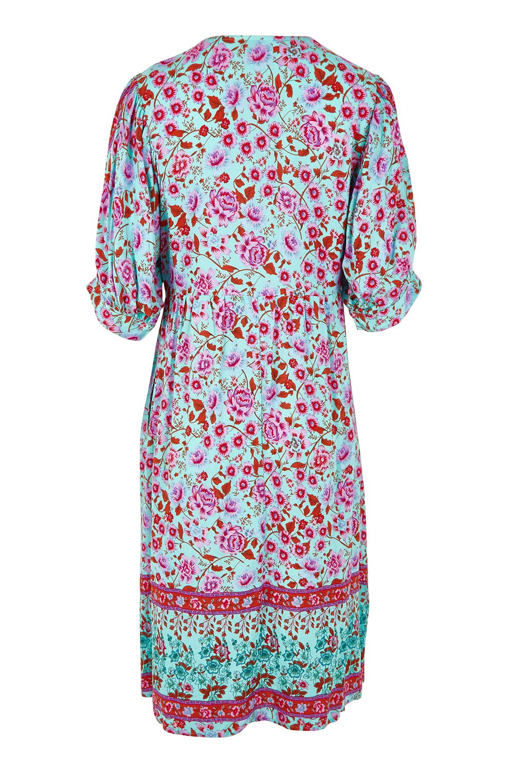 Product shot of the Sunshine And Flowers Smock Dress in colour Aquafleur (Blue), from the back