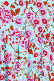 Product shot of the Sunshine And Flowers Smock Dress in colour Aquafleur (Blue), detail