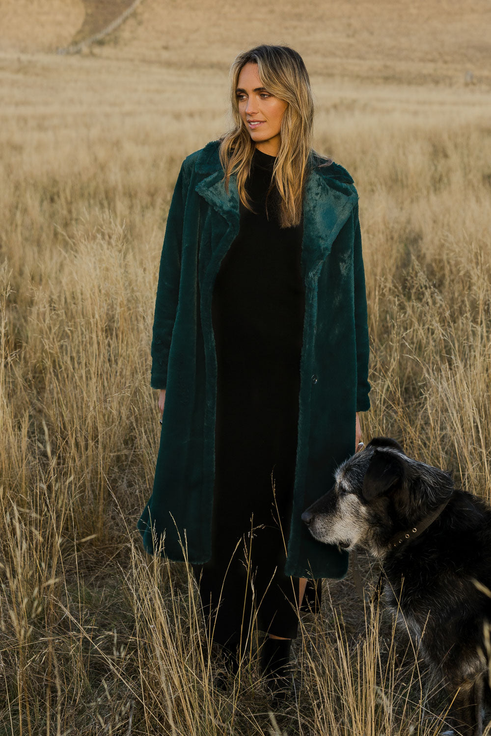 Model Tegan wearing size 10 of the Adore You Faux Fur Coat in colour Lagoon (Green), from the front, showing the whole outfit