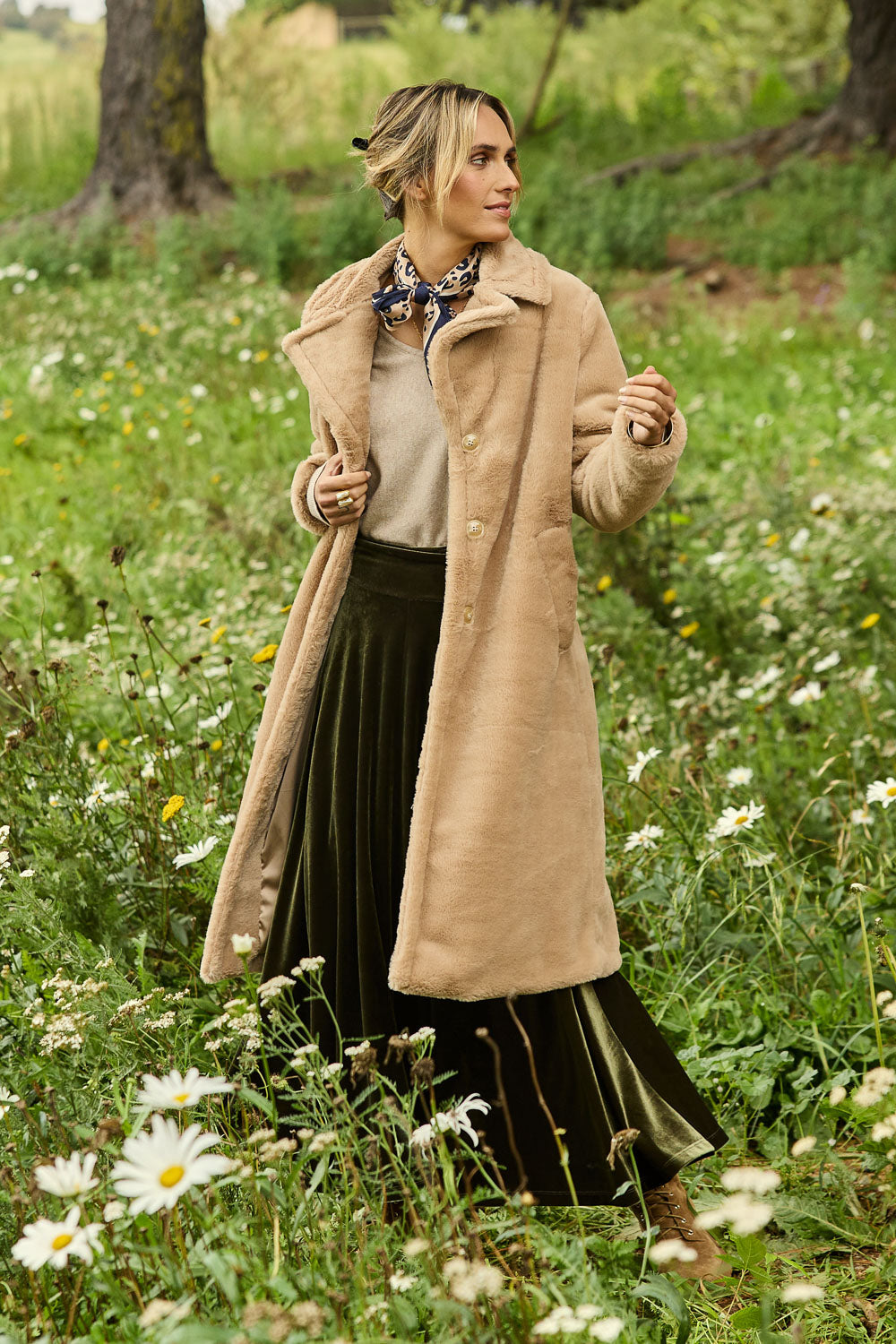 Model Tegan wearing size 10 of the Adore You Faux Fur Coat in colour Natural, from the front, showing the whole outfit