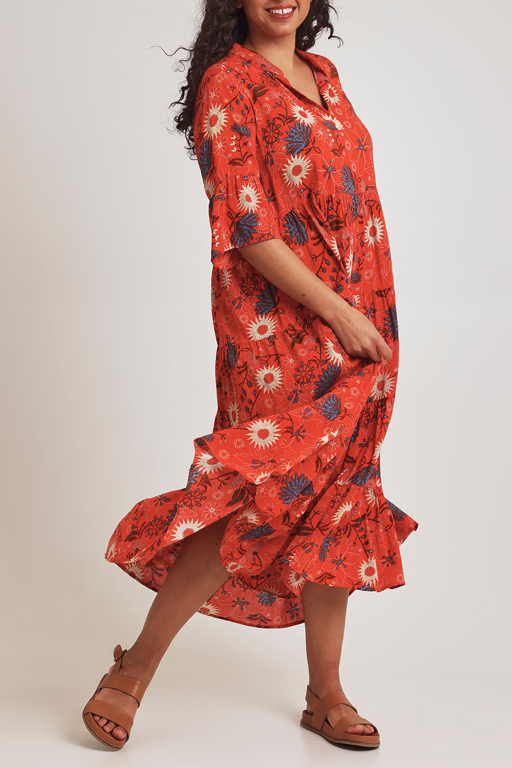Model Terri-Leigh wearing size 14 of the Its Easy Loving You Short Sleeve Dress in colour Redfleur (Red), from the front, cropped image
