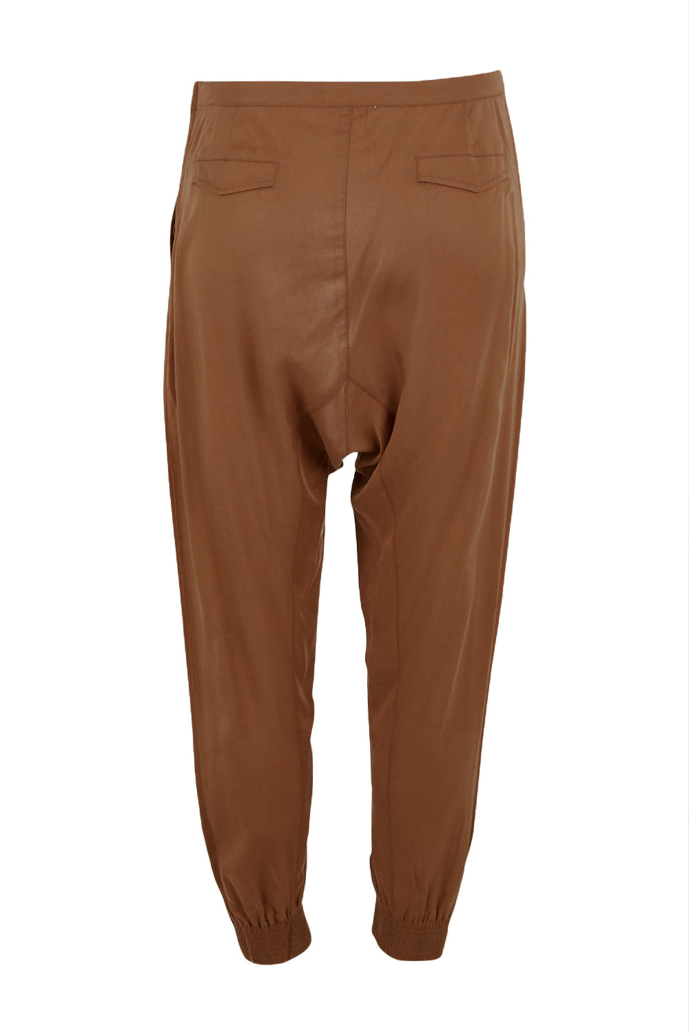 Product shot of the Brunch and Dinner Tencel Pants in colour Rust, from the back